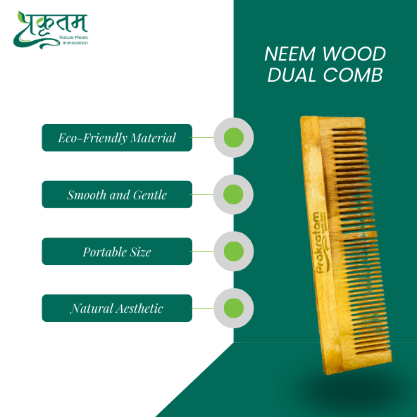 Neem Wood Dual Comb | 100% Natural and Eco-friendly | Chemical Free | Versatile Styling | Durable and Gentle on Hair | Lightweight and Portable